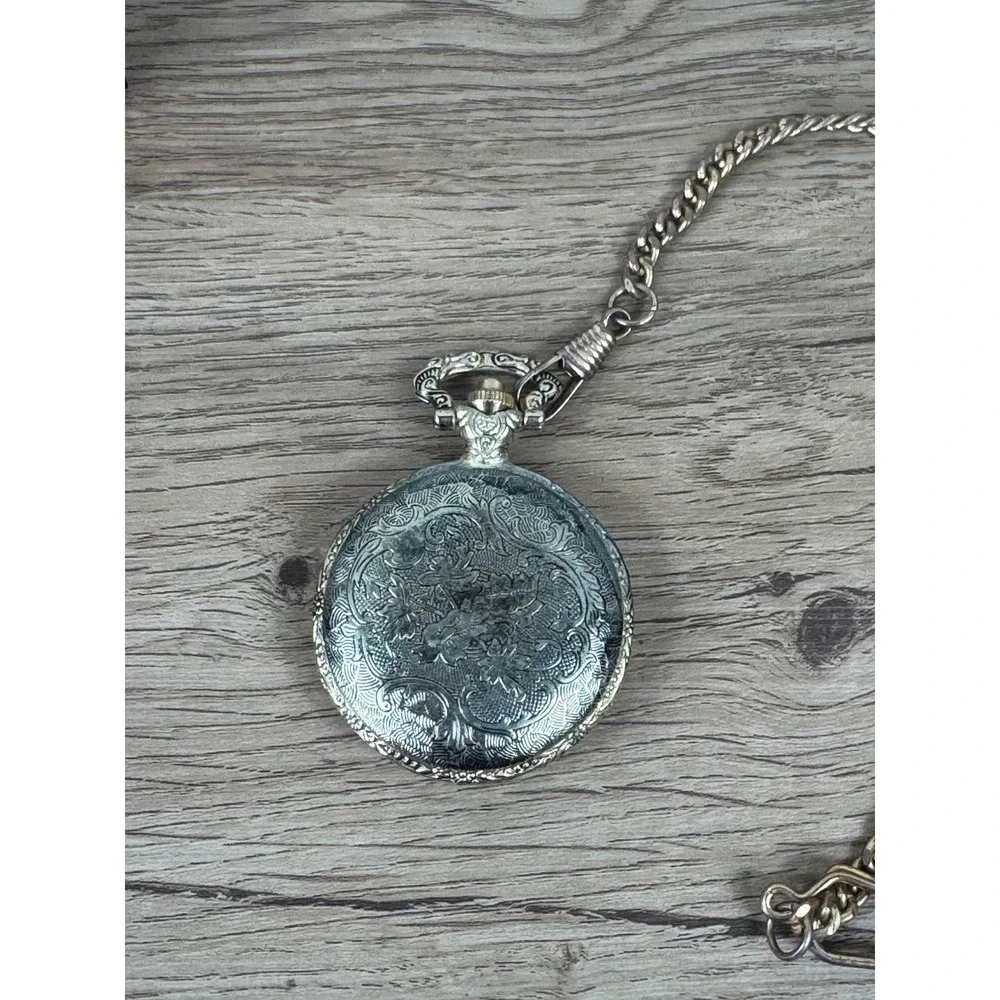 Azur Pocket Watch Gold Tone Vintage Car Embossed Quartz Chain